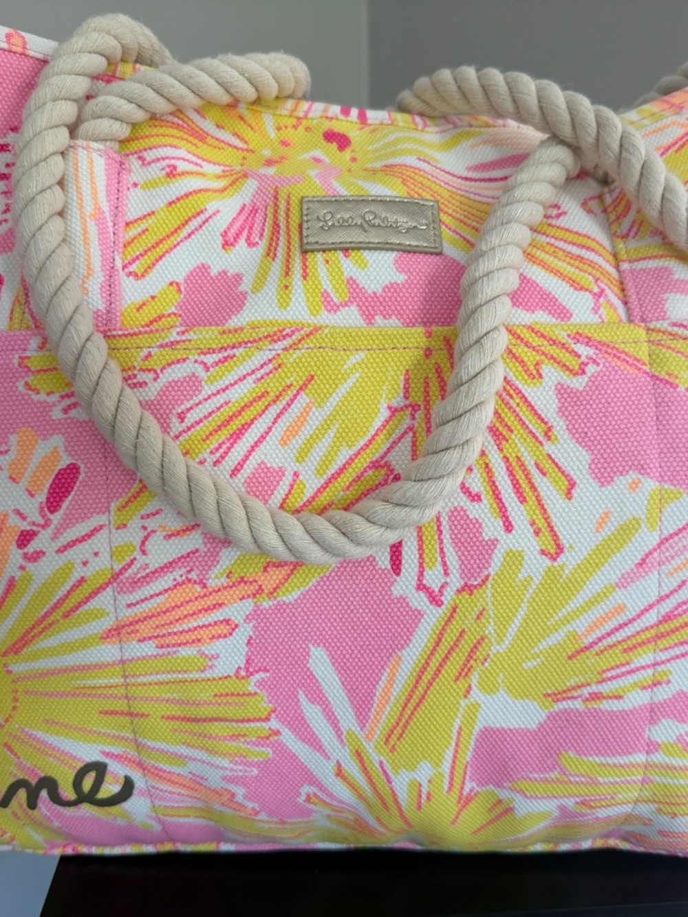 Lilly Pulitzer Pink Yellow White Floral Canvas Tote with Rope Handles